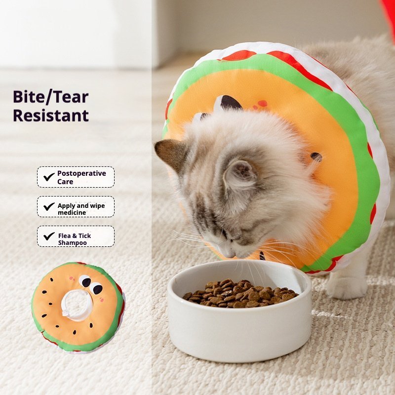 主图_1。0 Cartoon Hamburger Pattern Cat Elizabethan Collar, Adjustable Post-Sterilization Anti-Licking Recovery Cone for Cats - Image 1