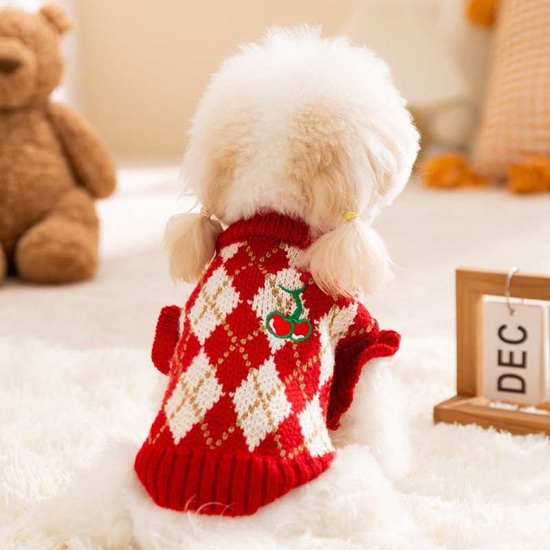 主图_2 Festive Dog Sweater with Rhombus Embroidery & Cherry Pattern for Halloween & Christmas, Pet Apparel for Small Dog Breeds – Bild 1